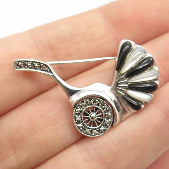 925 Sterling Silver Vintage MOP Black Onyx Marcasite Gem Pram Pin Brooch - Picture 1 of 6